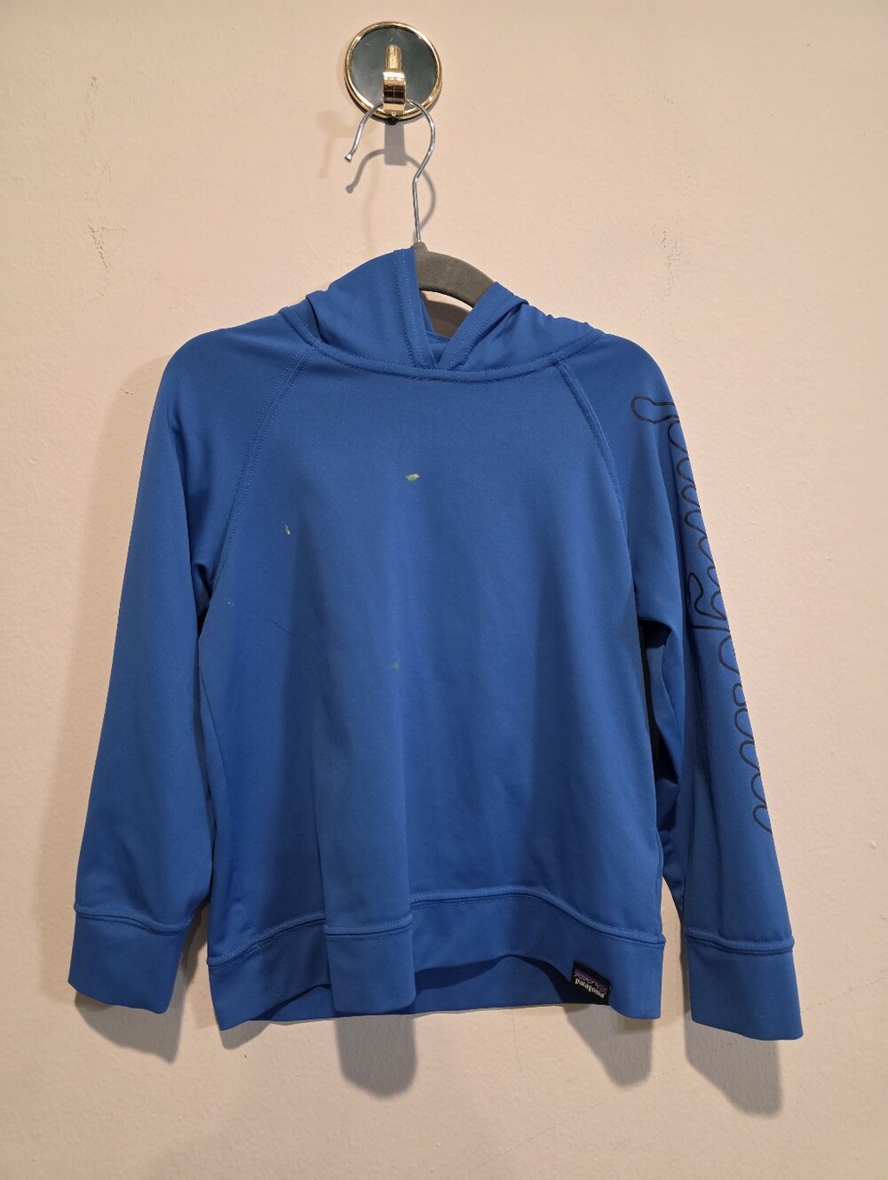 Patagonia Capilene Cool Daily Sun Hoodie Blue Sleeve Script Graphic